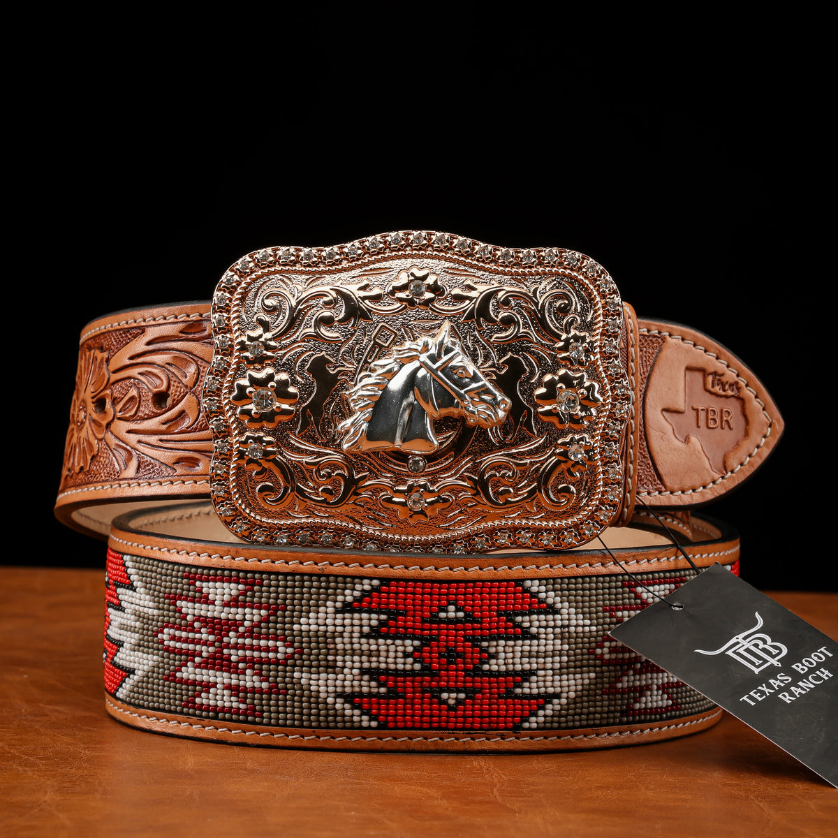 1618 Western Tooled Leather Beaded Belt For Men And Women Western Beaded Full Grain Leather Cowboy Cowgirl Tooled Belt  main image 2