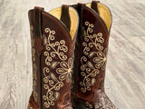 Women’s Wine Leather Boots With Gold Floral Inlay