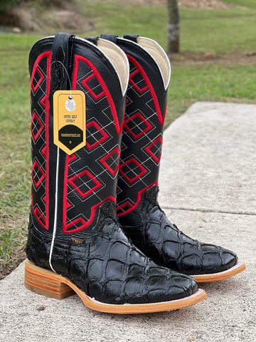 Men’s Black Pirarucu Leather Boots With Black/ Red Embroidery Shaft