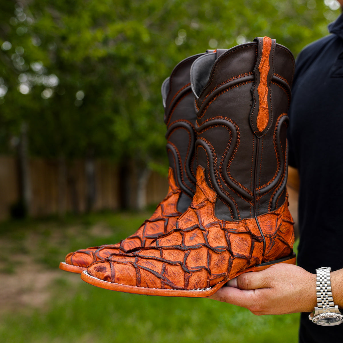 Matte Rustic Cognac Pirarucu Leather Boots Square Toe