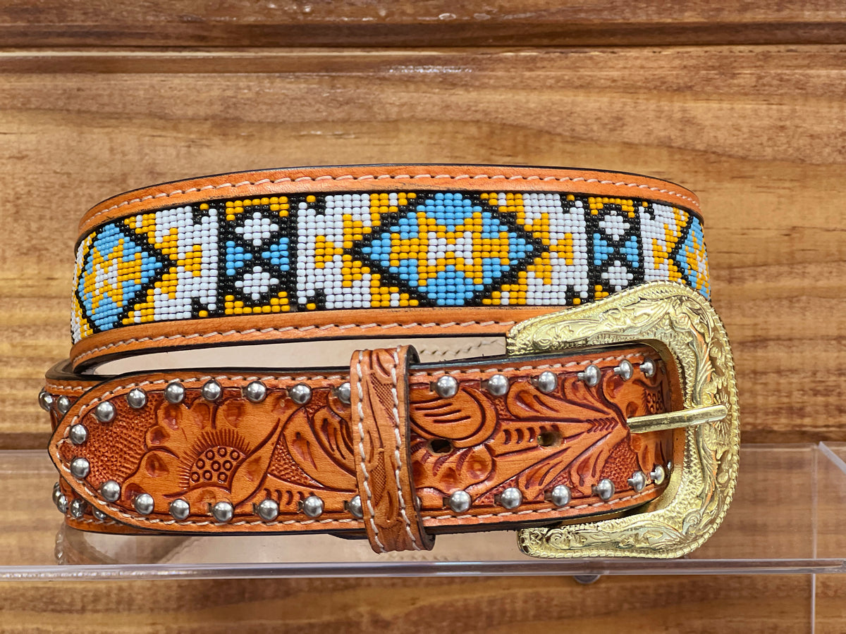 Cognac Hand-Tooled Artesanal Tabs With Silver Studs Blue & Yellow Beaded  Leather Belt