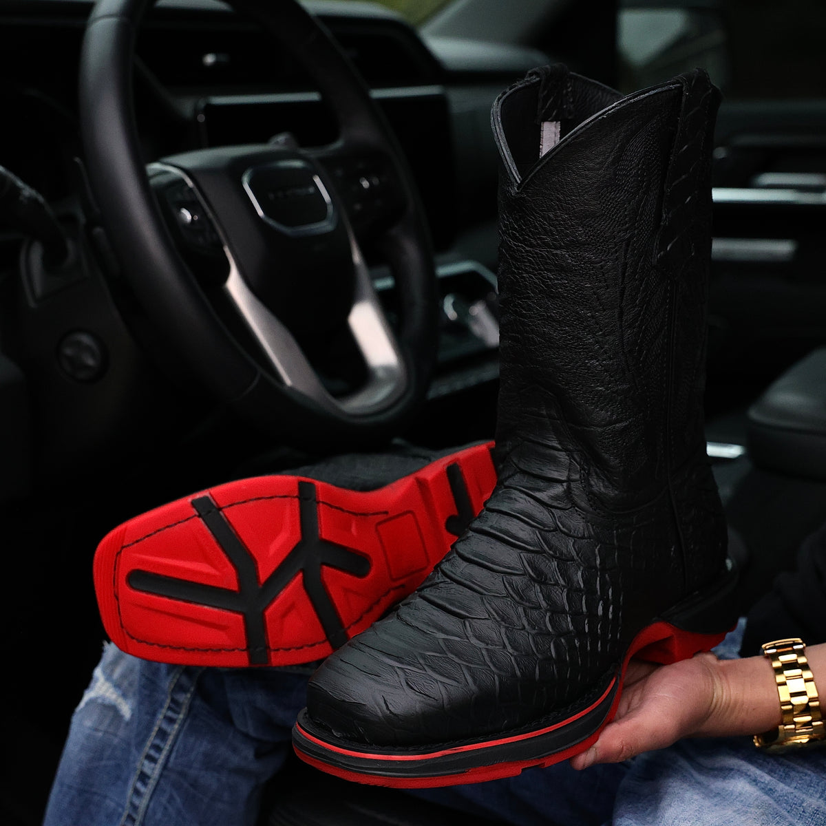 Matte Black Anaconda Leather Boots With 3D Lightweight Sole  display picture 2