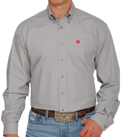 Men’s Cinch Grey and White Geometric Print Long Sleeve Shirt