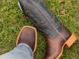Men’s Brown Leather Boots With Navy Blue Shaft