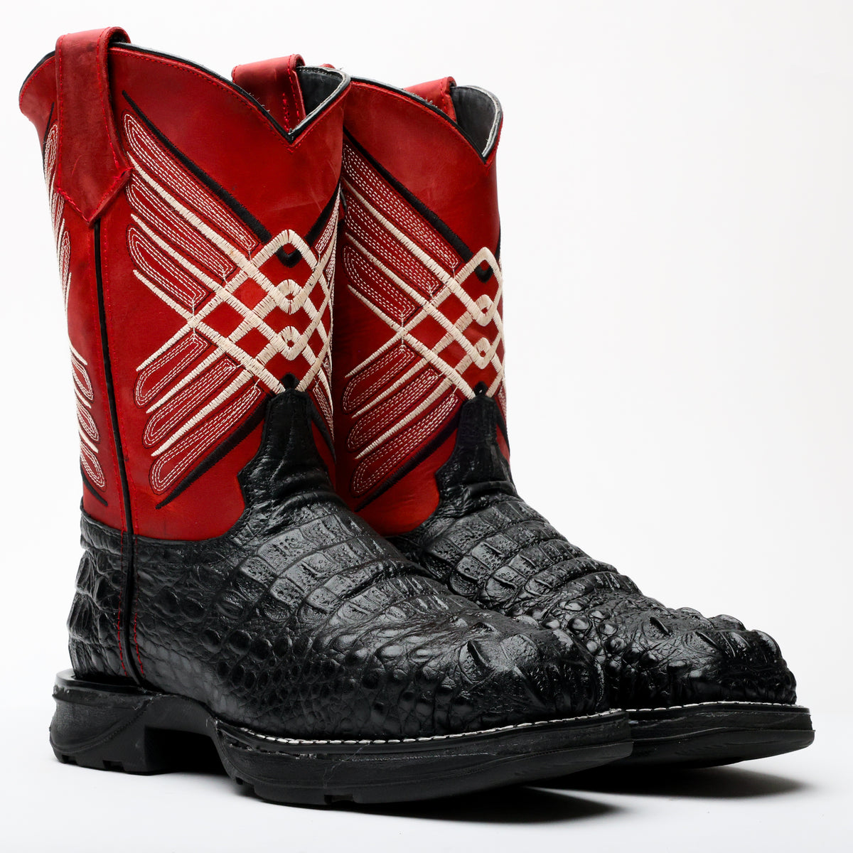 Black Caiman Neck Leather Boots With 3D Lightweight Sole Composite