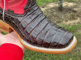 Men’s Brown Crocodile Horn-Back Leather Boots With Red Shaft