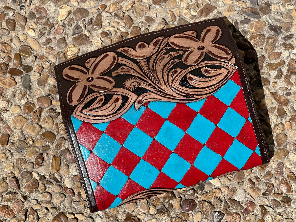 Front Pocket Hand Tooled Leather Wallet with Petite Flowers and Turquoise Border Antique Brown