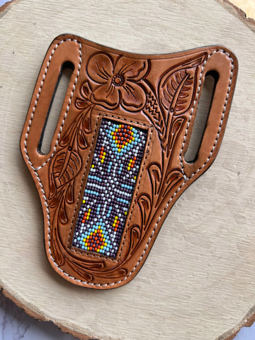 Honey Hand-Tooled With Lilac and White Beaded Knife Sheath