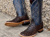 Men’s Brown Python Leather Boots With Blue Shaft