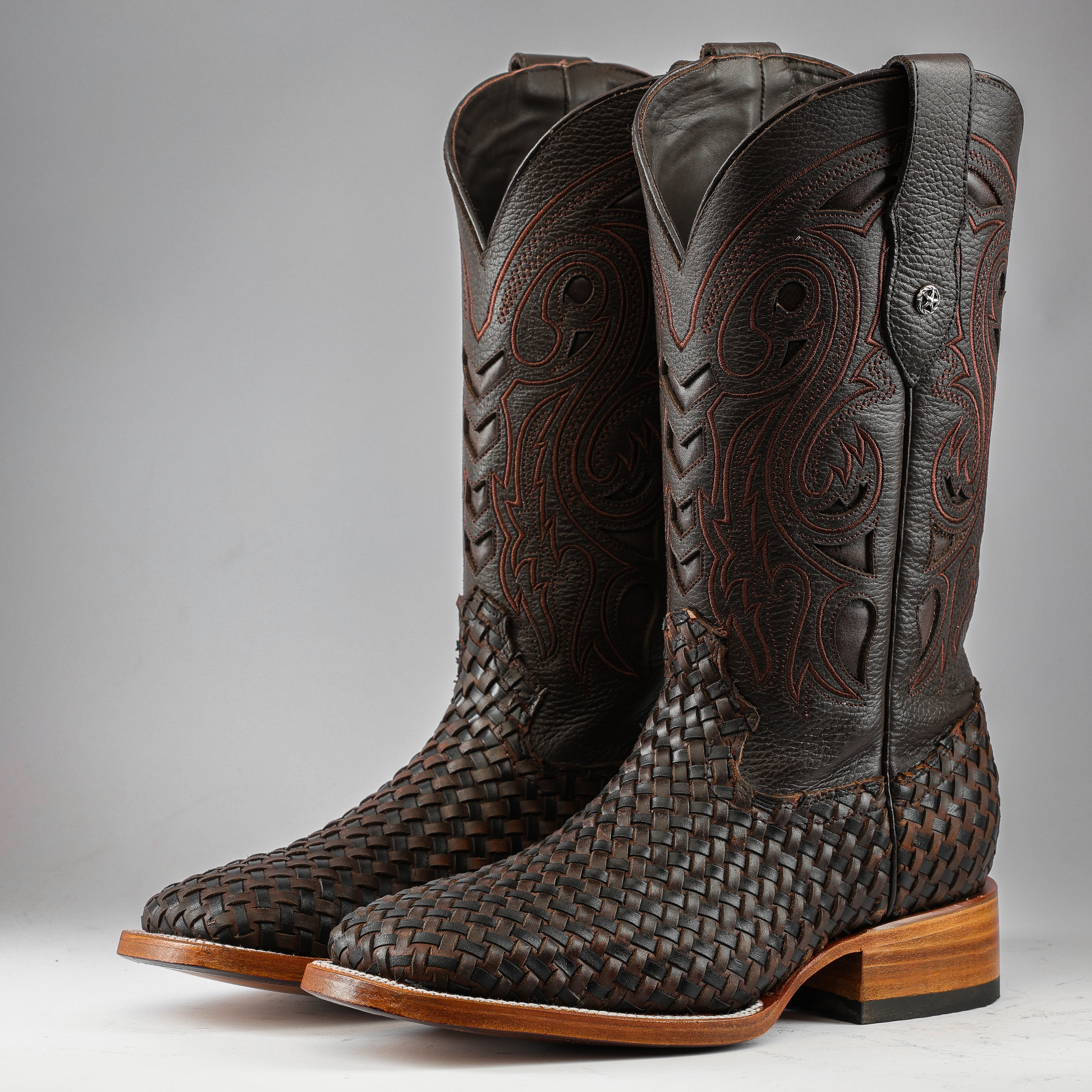 Chocolate Brown Basketweave Leather Boots - Square Tod – Texas