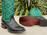 Men’s Black Ostrich Leather Boots With Green Shaft