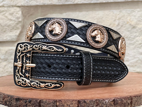 Men’s Black Leather Belt With Horse Concho