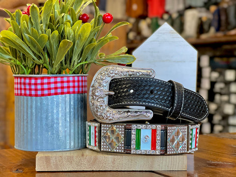 Western Black And Brown Leather Belt With Mexico Flag Rhinestones