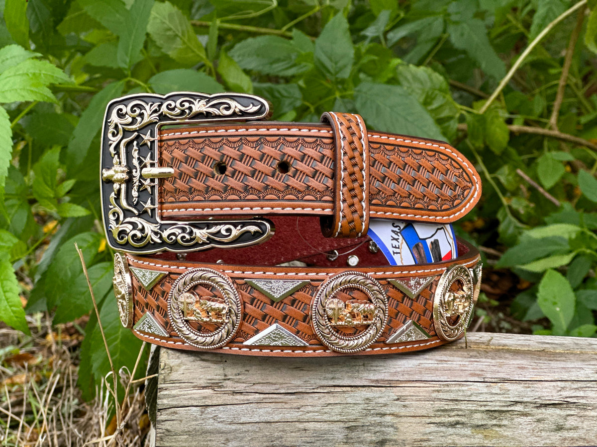 Men’s Honey Leather Belt With Praying Cowboy Concho