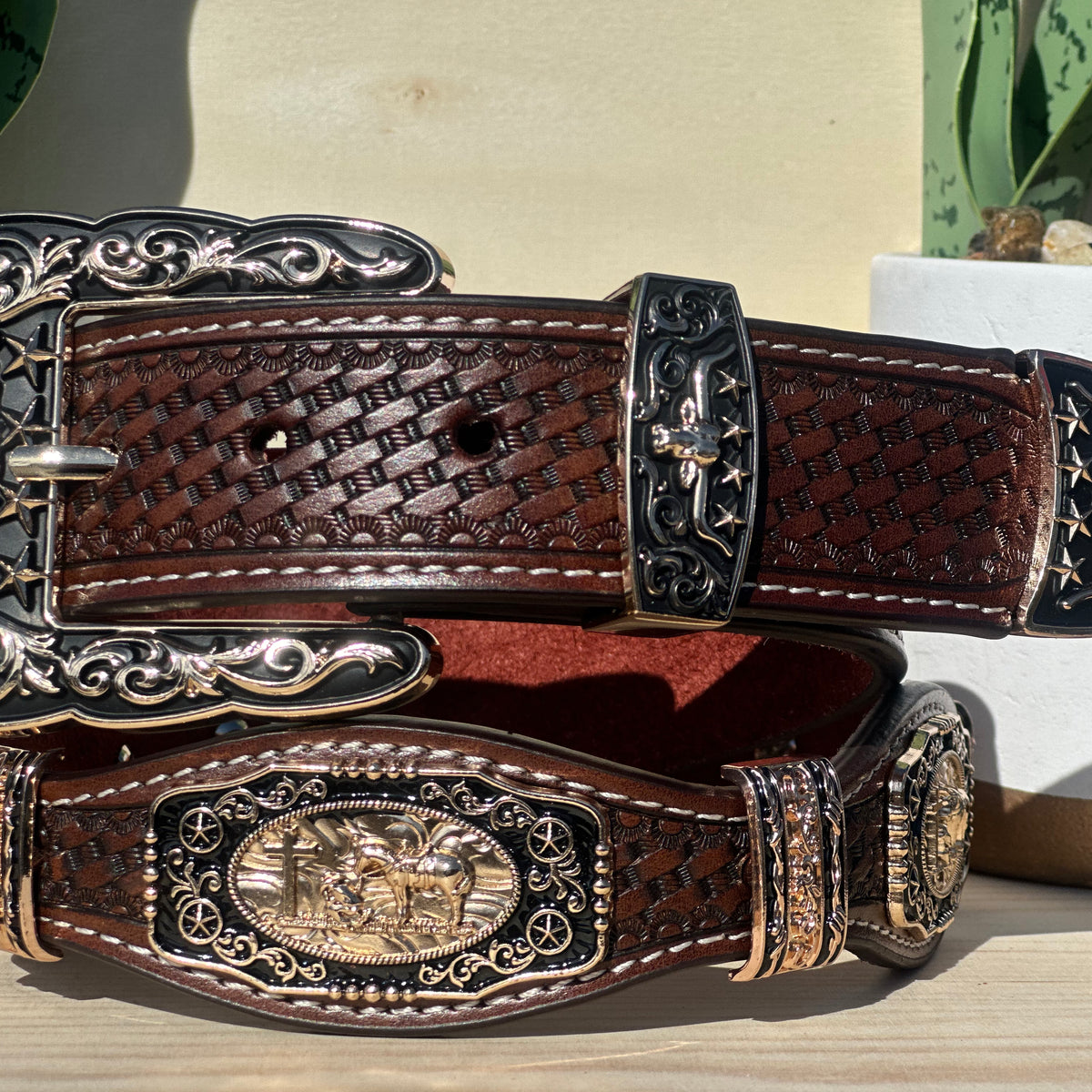 Genuine Leather Men Tan Cowboy Belt