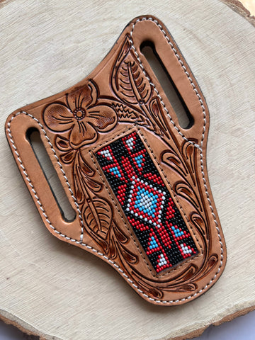 Honey Hand-Tooled With Red and Black Beaded Knife Sheath