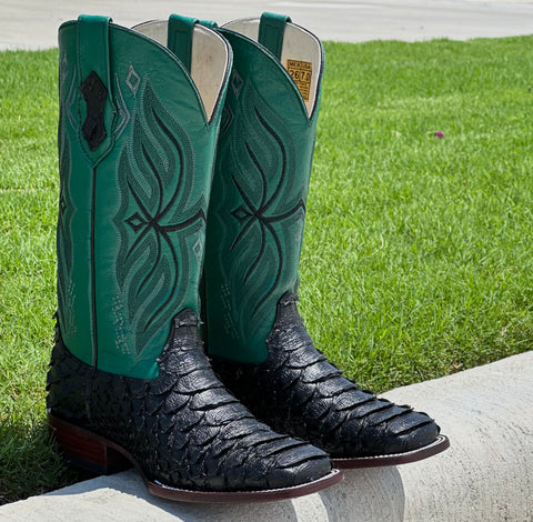 Mens Black Python Leather Boots With Green Shaft