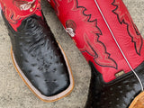Men’s Black Ostrich Leather Boots With Red/ Rooster Shaft