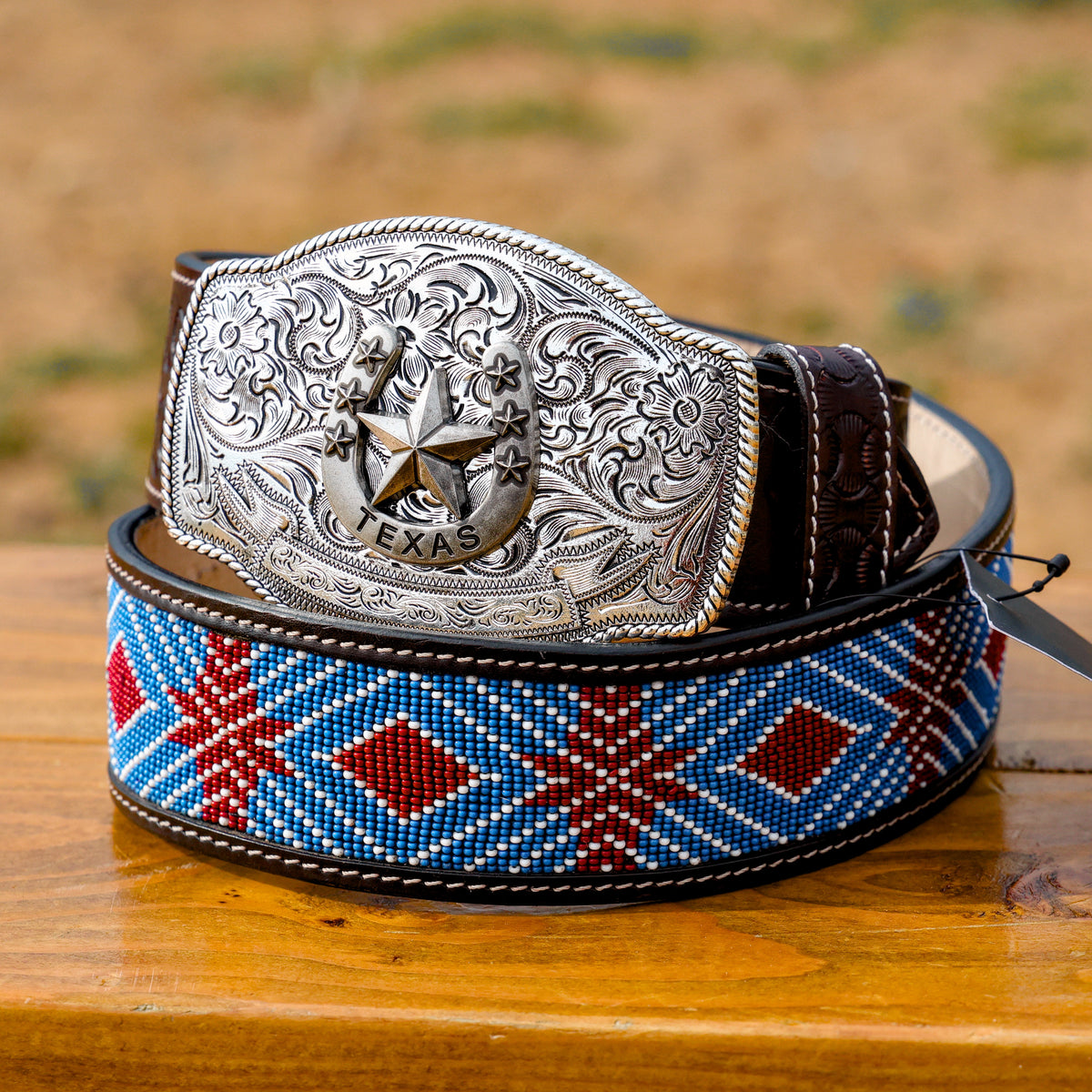 2 Inch Hand-Tooled Artesanal Beaded Leather Belt – Texas  display picture 1