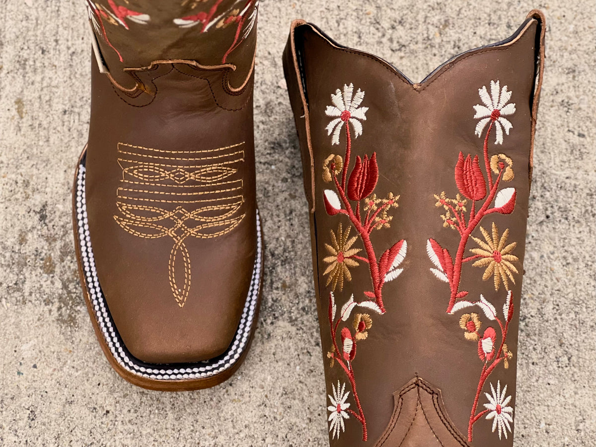 Women’s Brown Hand-Tooled Leather Boots with Red and Beige Floral Embroidery 5