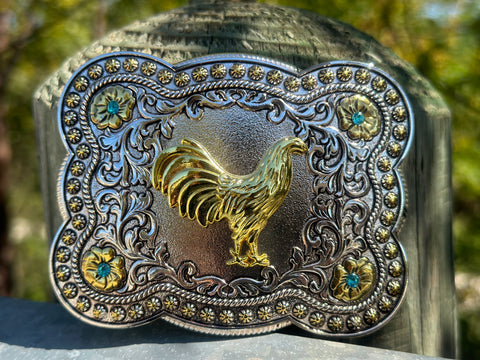 Silver Plated Buckle With Gold Rooster