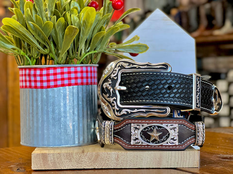 Men’s Black and Brown Leather Belt With Star Concho