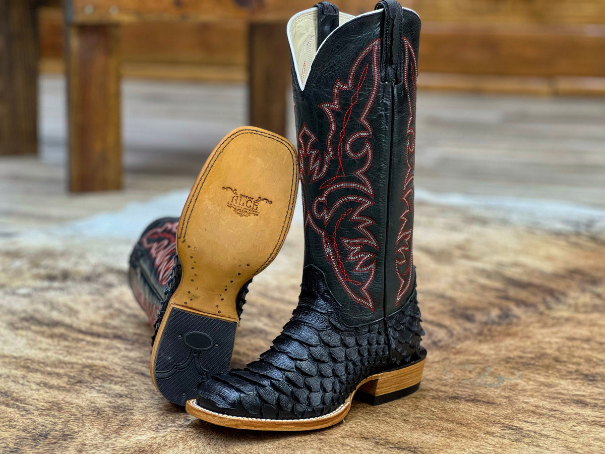 Engraved black python leather boots