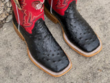 Men’s Black Ostrich Leather Boots With Red/ Rooster Shaft