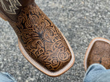 Men’s Honey Hand-Tooled Leather Boots With Brown Shaft