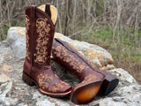 Women’s Wine Leather Boots With Honey Embroidered