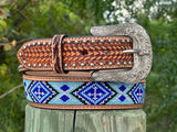 Tan Artesanal Tabs With Silver Studs. Multi Color Beaded Leather Belt.