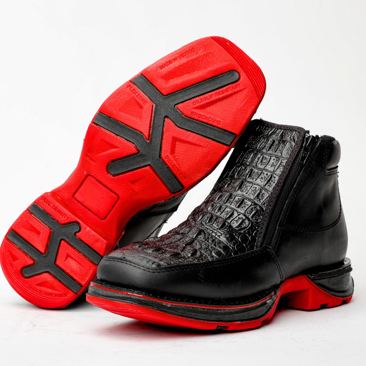 Black Croc-Texture Chukka Boots with Red Lug Sole Black Croco Chukka Boots main image 3