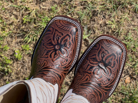 Men’s Brown Hand-Tooled Leather Boots With White Shaft