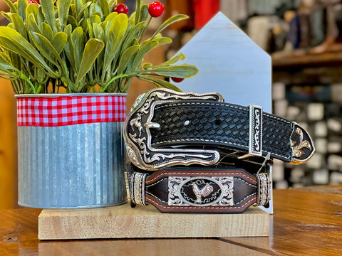 Men’s Black and Brown Leather Belt With Rooster Concho