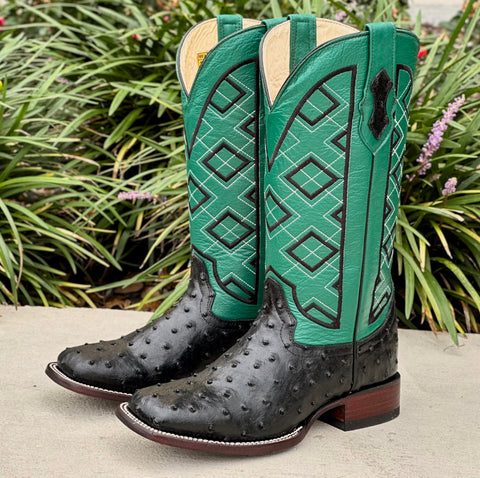 Men’s Black Ostrich Leather Boots With Green Shaft