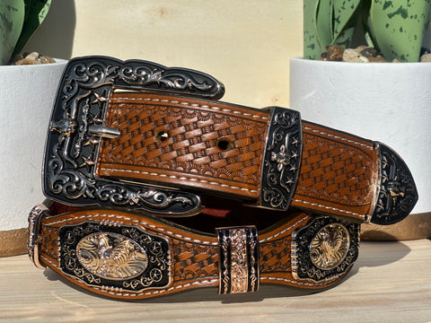 Men’s Honey Leather Belt With Rooster Concho