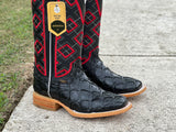 Men’s Black Pirarucu Leather Boots With Black/ Red Embroidery Shaft