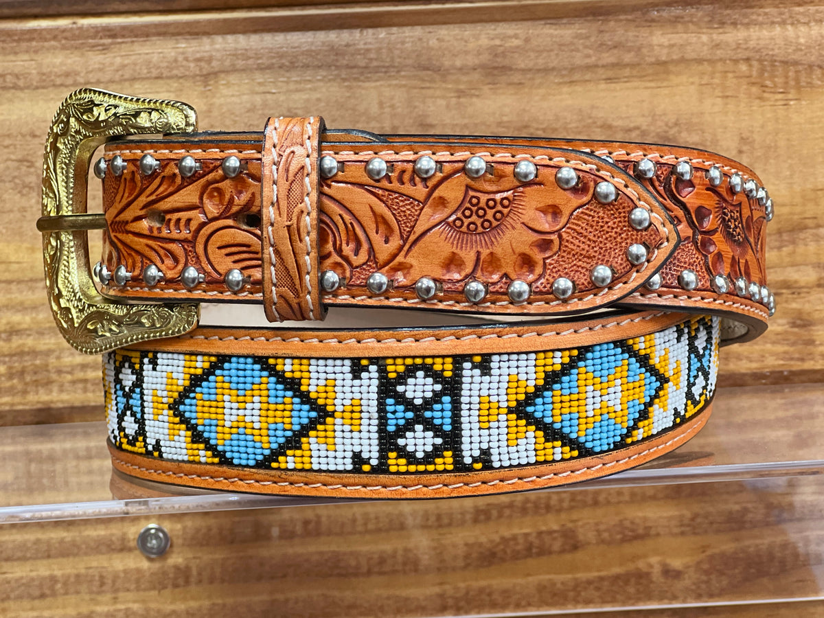 Cognac Hand-Tooled Artesanal Tabs With Silver Studs Blue & Yellow Beaded  Leather Belt