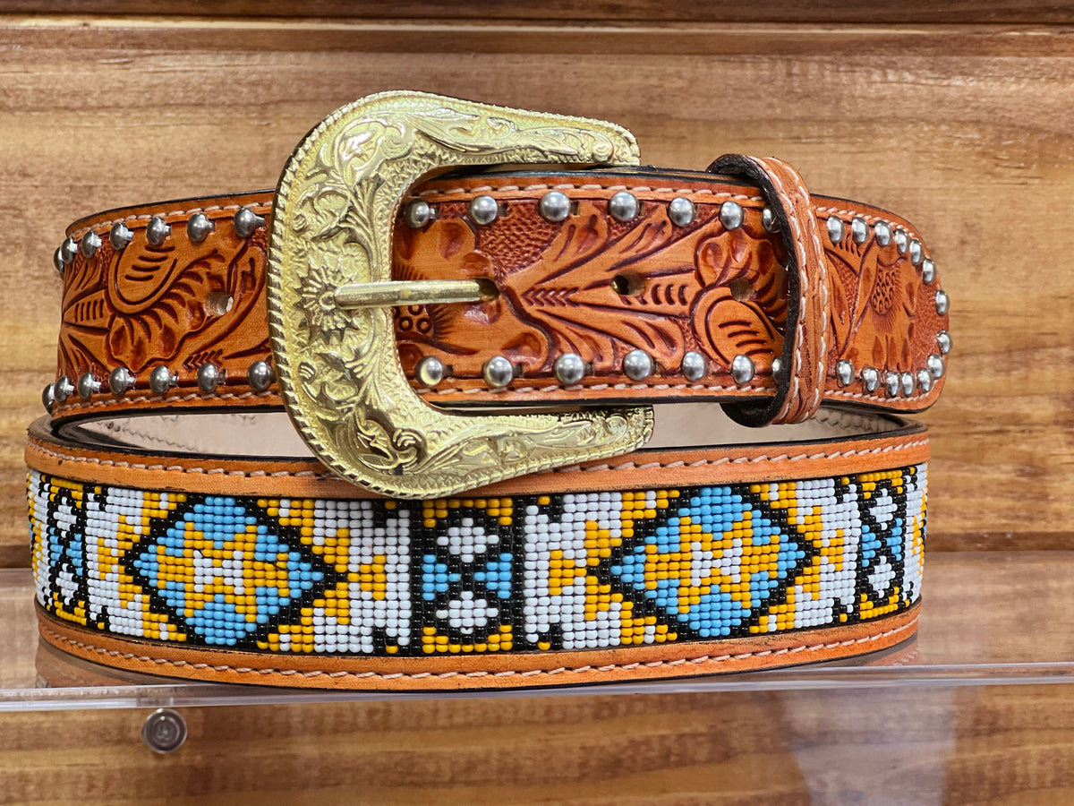 Cognac Hand-Tooled Artesanal Tabs With Silver Studs Blue & Yellow Beaded  Leather Belt