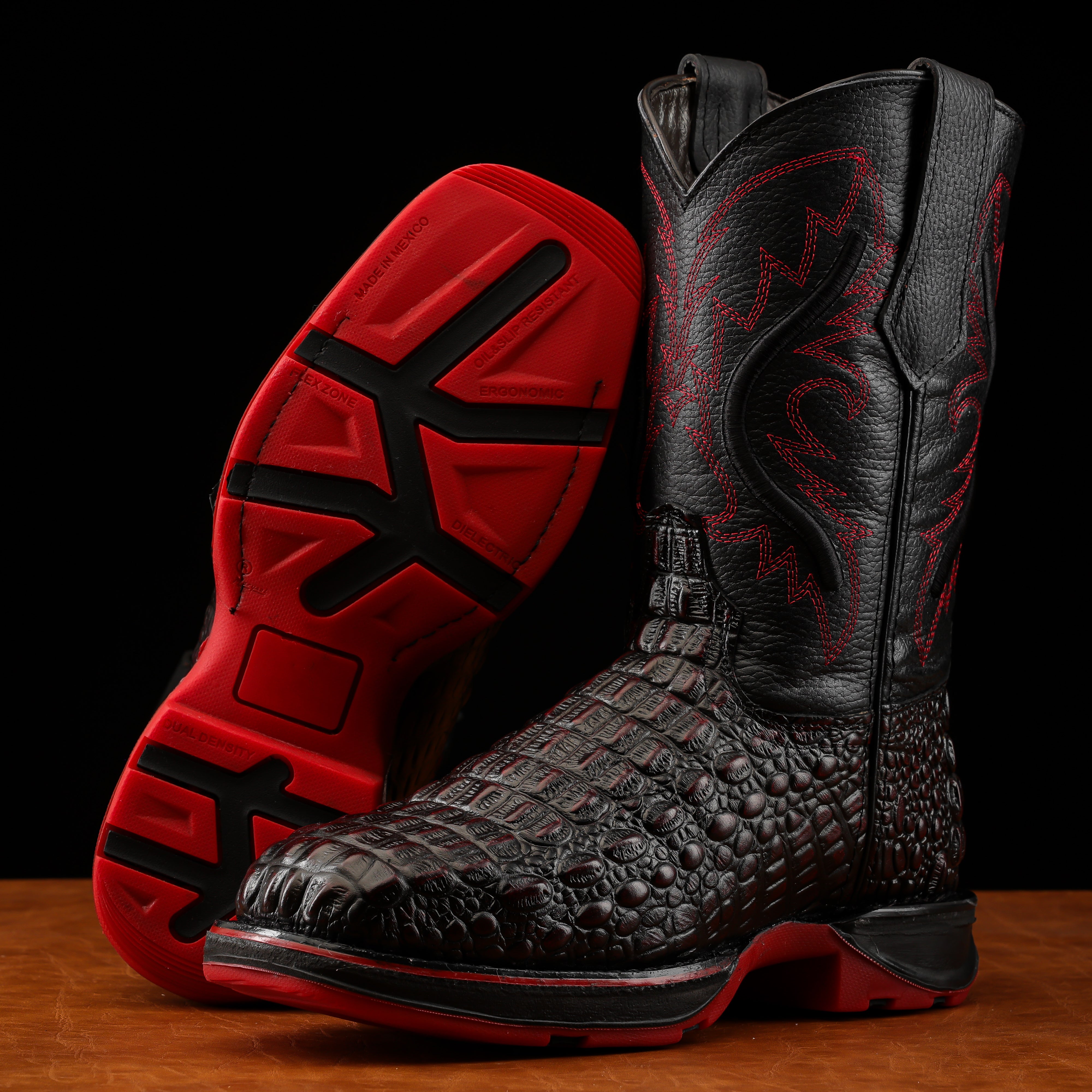 Black Cherry Caiman Hornback Leather Boots With 3D Lightweight