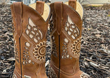 Women’s Honey Leather Boots With Gold Inlay- White Embroidery