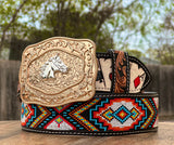 Hand-Tooled Artesanal Tabs With Aztec MultiColor Beaded Leather Belt (Read Description Before Ordering)￼