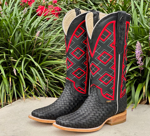Men’s Black Basket-Weave Leather Boots With Black Shaft