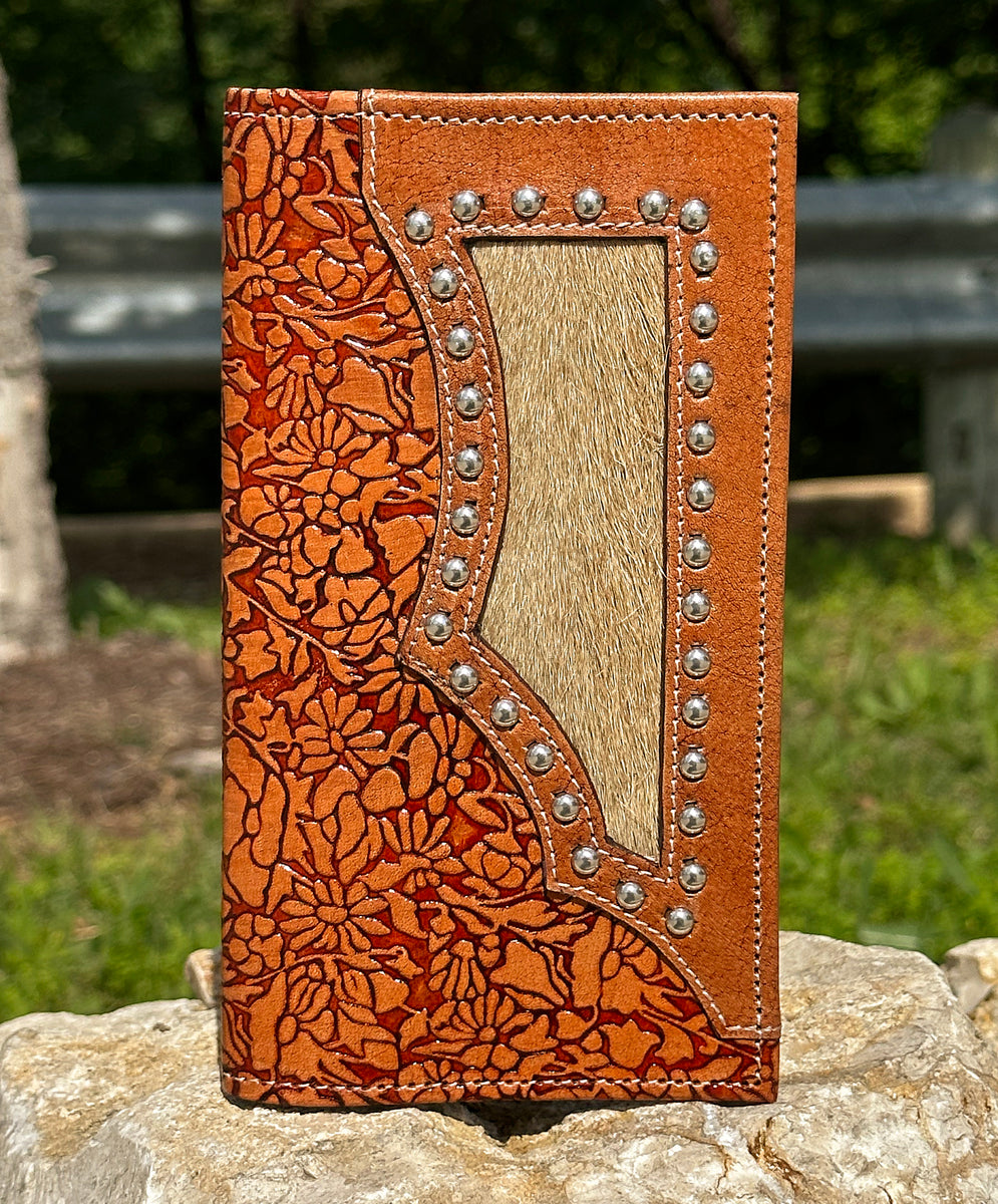 Texas Leather Hand Tooled Leather Wallet with Cowhide & Concho