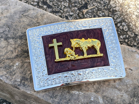 Brown And Silver Plated Buckle With Gold Praying Cowboy