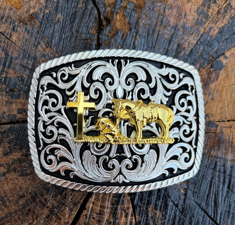 Silver And Black Plated Buckle With Gold Praying Cowboy