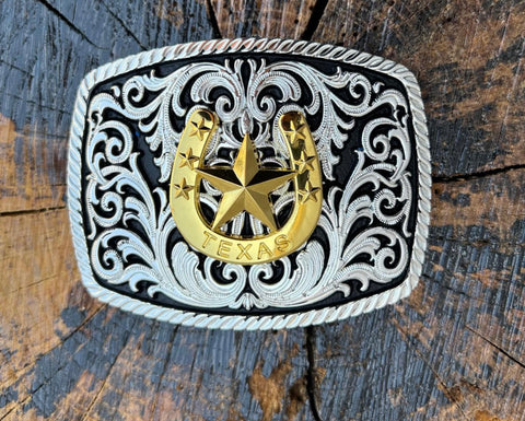 Silver And Black Plated Buckle With Gold Horse Show
