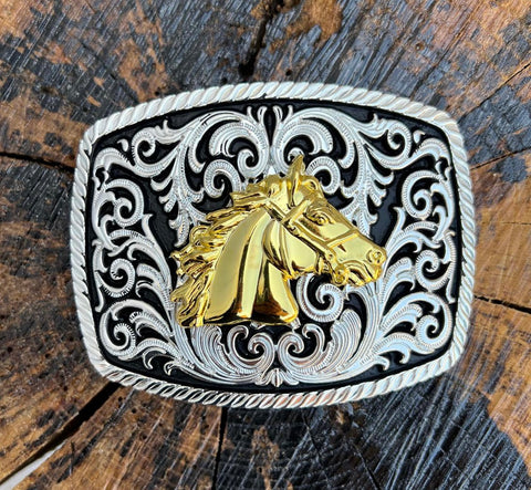Silver And Black Plated Buckle With Gold Horse