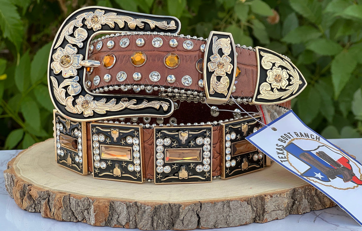 Western Brown Leather Belt with Light Blue Longhorn Rhinestones 34