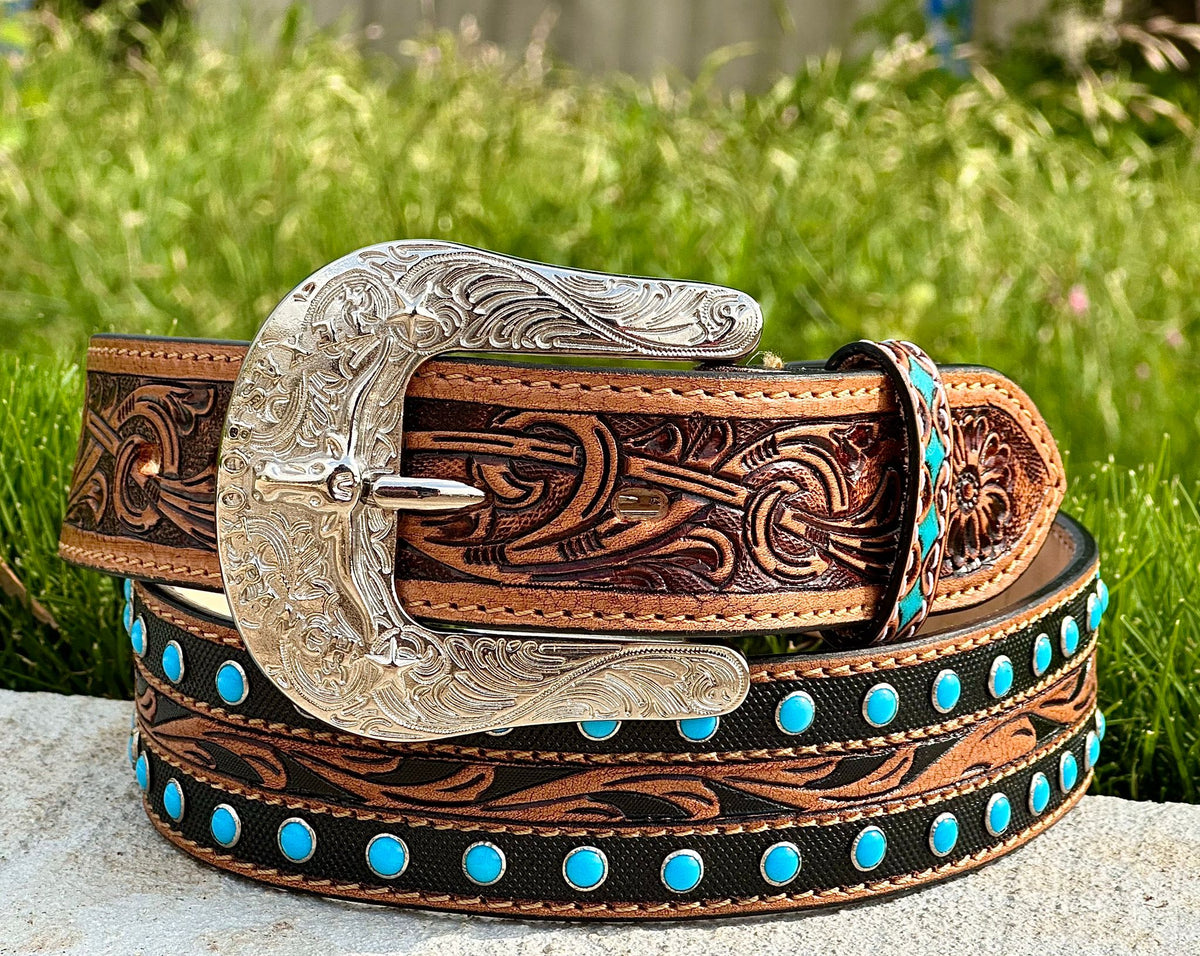 Honey Tooled Artesanal Tabs With Turquoise Studs Leather Belt